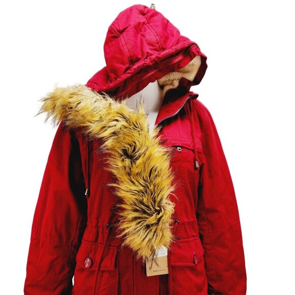 WenVen Jacket Womens Sherpa Lined Hooded Chore Coat Removable Fur Red Size M New - Picture 7 of 16